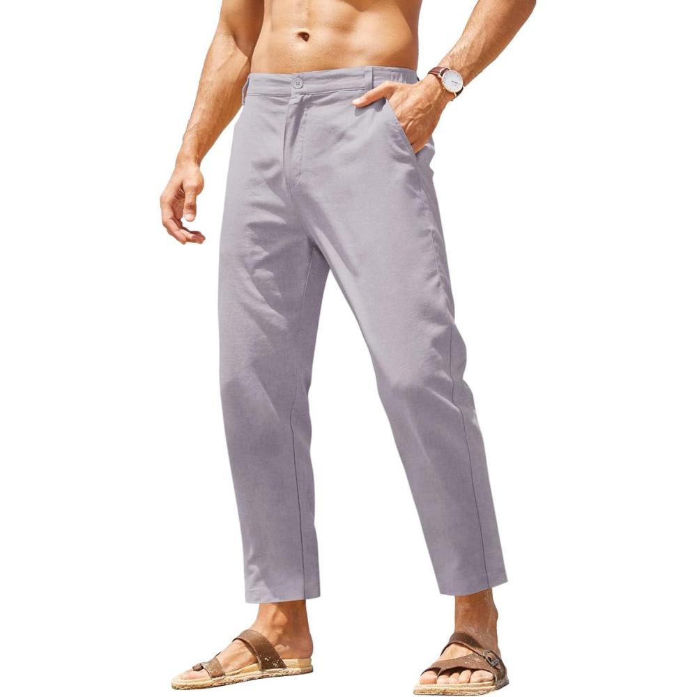 imageCOOFANDY Mens Cotton Linen Pants Elastic Waist Lightweight Casual Pants Relaxed Fit Yoga Beach Pants with Pockets02grey