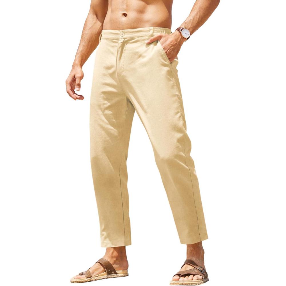 imageCOOFANDY Mens Cotton Linen Pants Elastic Waist Lightweight Casual Pants Relaxed Fit Yoga Beach Pants with Pockets02khaki