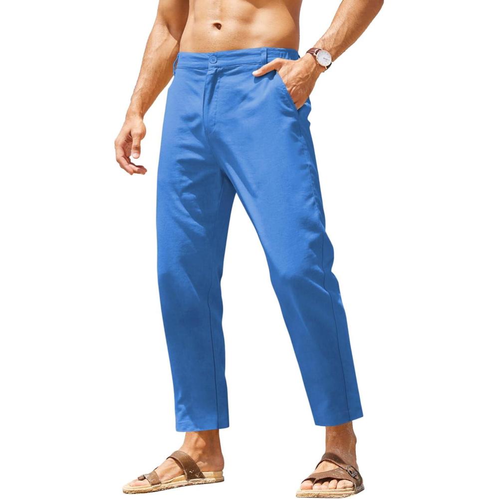 imageCOOFANDY Mens Cotton Linen Pants Elastic Waist Lightweight Casual Pants Relaxed Fit Yoga Beach Pants with Pockets02royal Blue