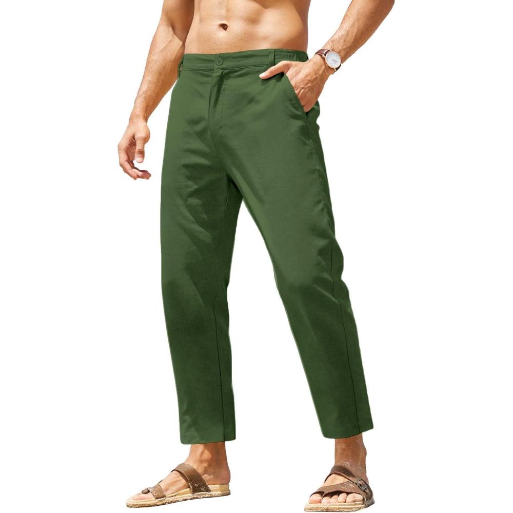 imageCOOFANDY Mens Cotton Linen Pants Elastic Waist Lightweight Casual Pants Relaxed Fit Yoga Beach Pants with PocketsArmy Green