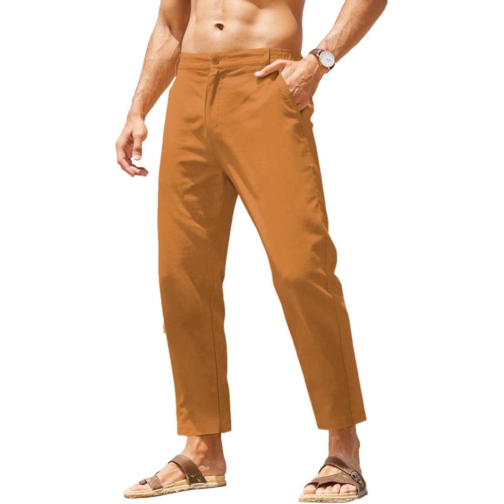 imageCOOFANDY Mens Cotton Linen Pants Elastic Waist Lightweight Casual Pants Relaxed Fit Yoga Beach Pants with PocketsBrown