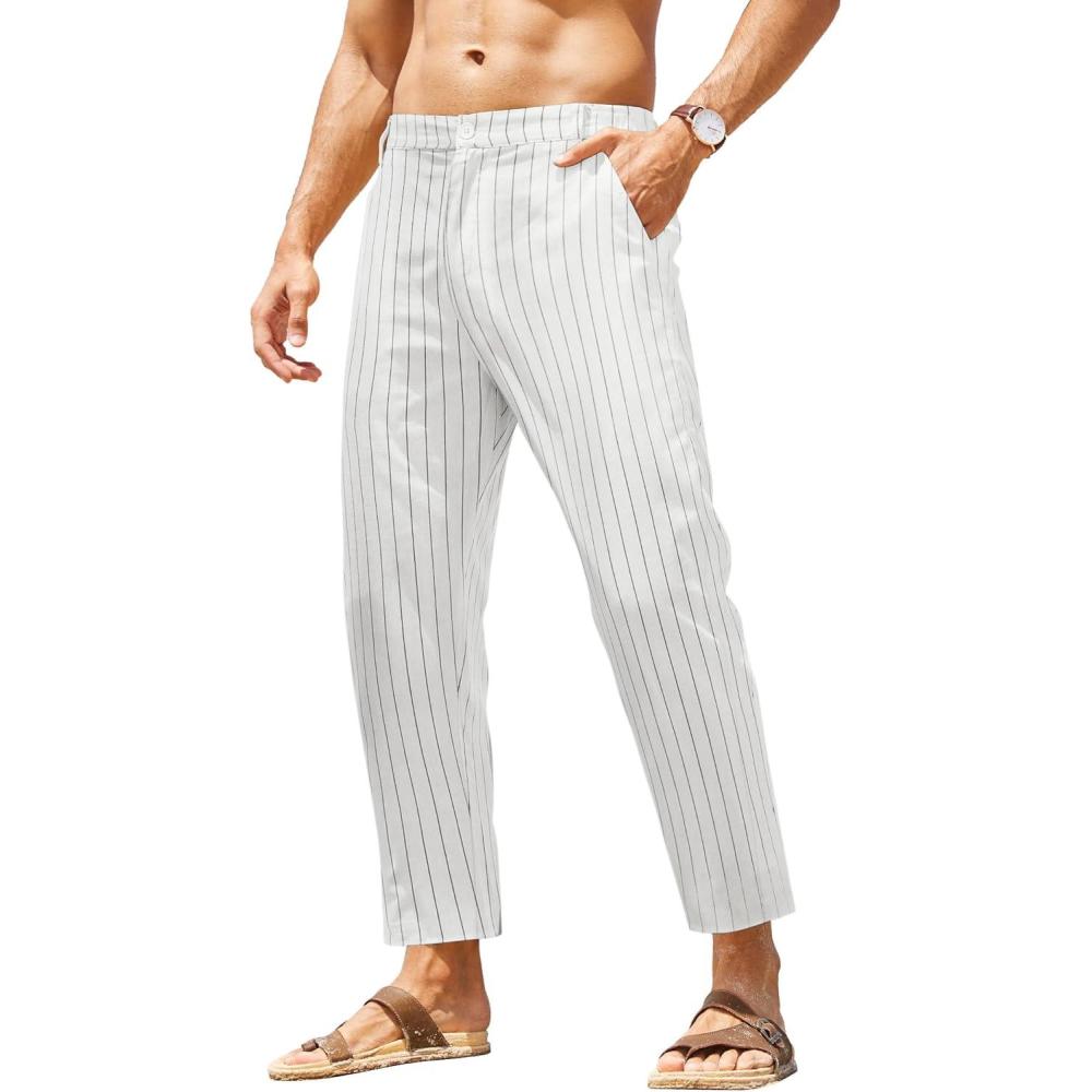 imageCOOFANDY Mens Cotton Linen Pants Elastic Waist Lightweight Casual Pants Relaxed Fit Yoga Beach Pants with PocketsWhite  Black Stripe