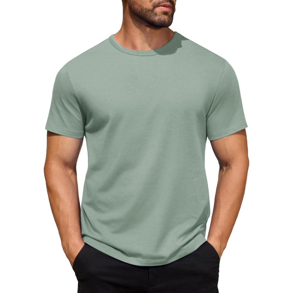 imageCOOFANDY Mens Cotton TShirt Short Sleeve Crew Neck Tee Shirts Casual Solid Basic TopsLight Green