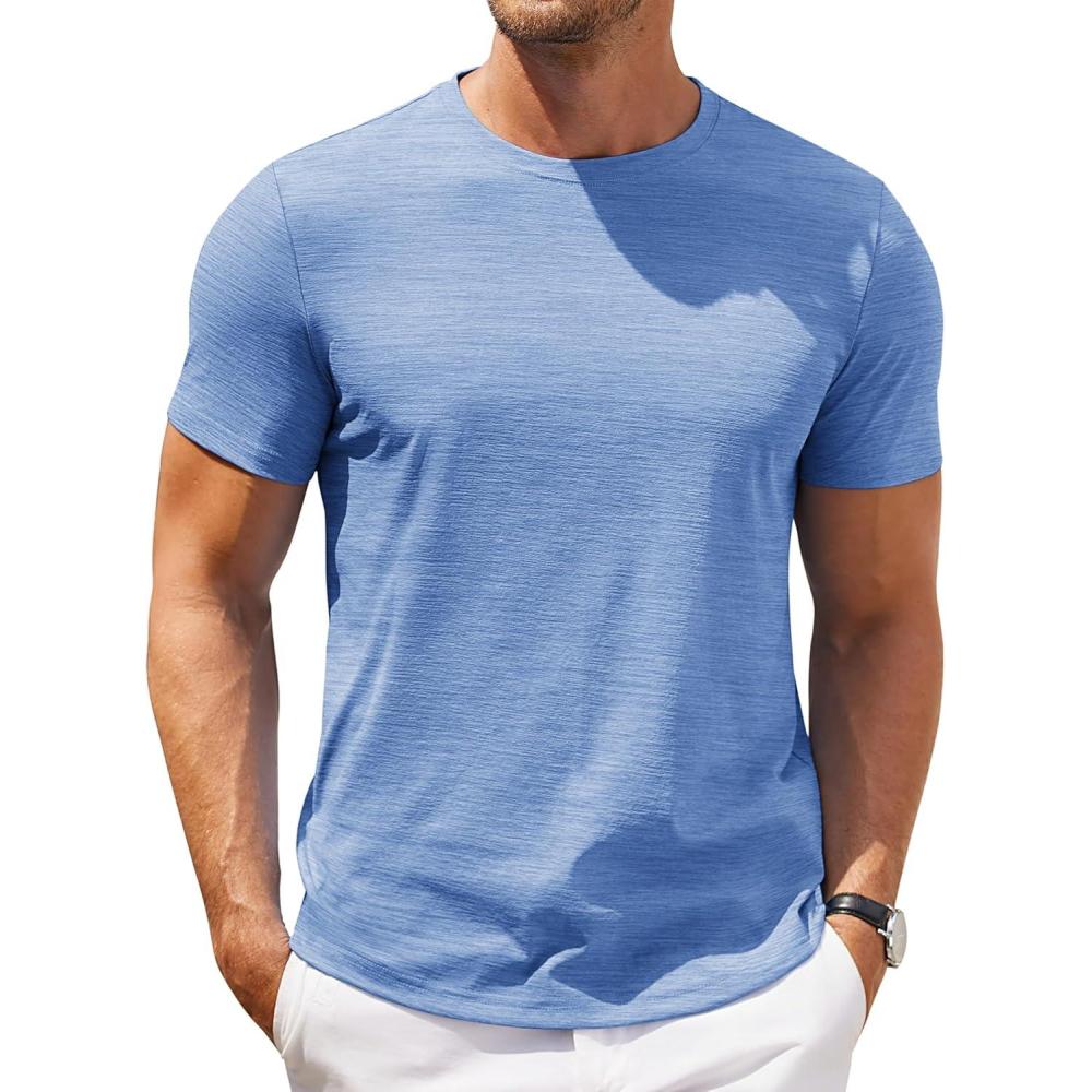imageCOOFANDY Mens Crew Neck T Shirt Short Sleeve Casual Summer Basic Tee Slim Fit Workout TShirtLight Blue