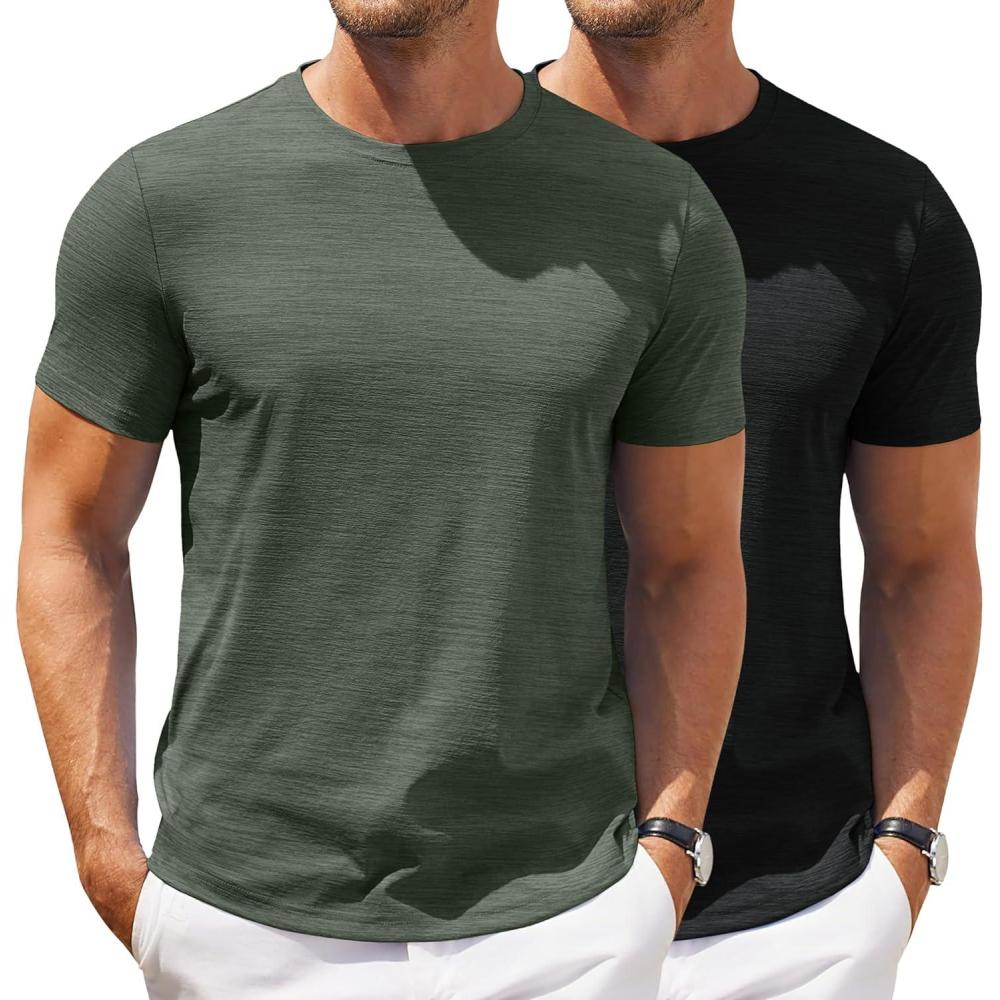 imageCOOFANDY Mens Crew Neck T Shirt Short Sleeve Casual Summer Basic Tee Slim Fit Workout TShirtYblackArmy Green2 Pack