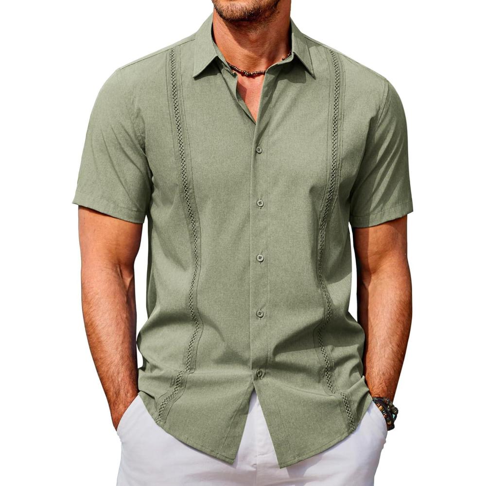 imageCOOFANDY Mens Cuban Guayabera Shirts Casual Short Sleeve Button Down Shirt Summer Beach Vacation ShirtArmy Green
