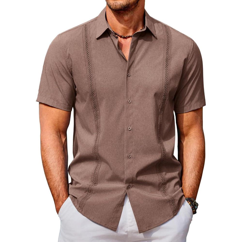 imageCOOFANDY Mens Cuban Guayabera Shirts Casual Short Sleeve Button Down Shirt Summer Beach Vacation ShirtBrown