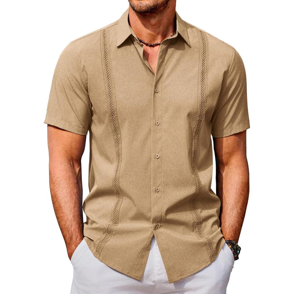 imageCOOFANDY Mens Cuban Guayabera Shirts Casual Short Sleeve Button Down Shirt Summer Beach Vacation ShirtCamel