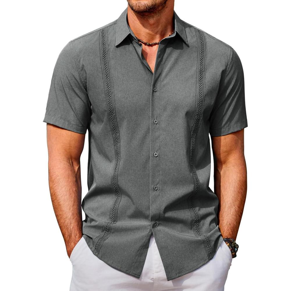 imageCOOFANDY Mens Cuban Guayabera Shirts Casual Short Sleeve Button Down Shirt Summer Beach Vacation ShirtDark Grey