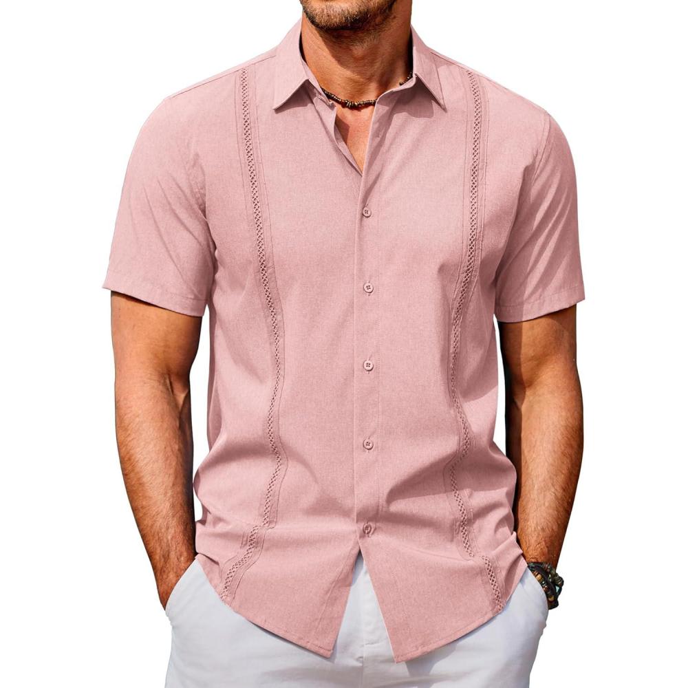 imageCOOFANDY Mens Cuban Guayabera Shirts Casual Short Sleeve Button Down Shirt Summer Beach Vacation ShirtPink