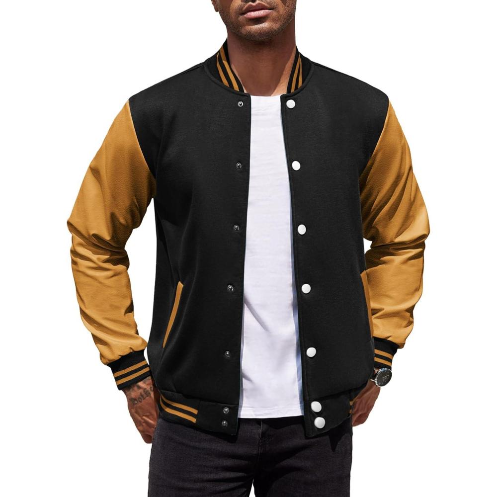 imageCOOFANDY Mens Fashion Varsity Jackets Leather Sleeve Slim Fit College Baseball Letterman Bomber CoatBlackyellow