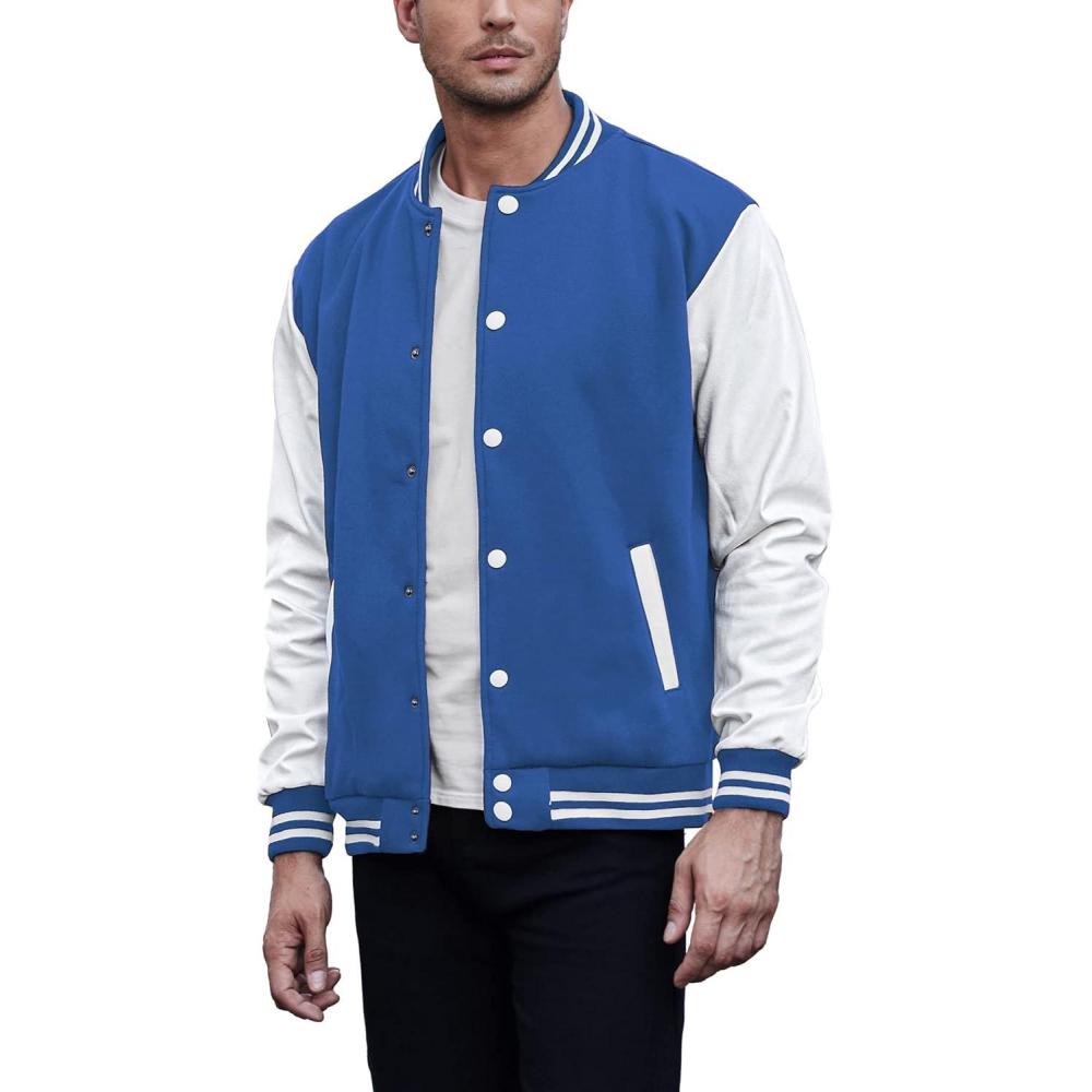 imageCOOFANDY Mens Fashion Varsity Jackets Leather Sleeve Slim Fit College Baseball Letterman Bomber CoatBlue