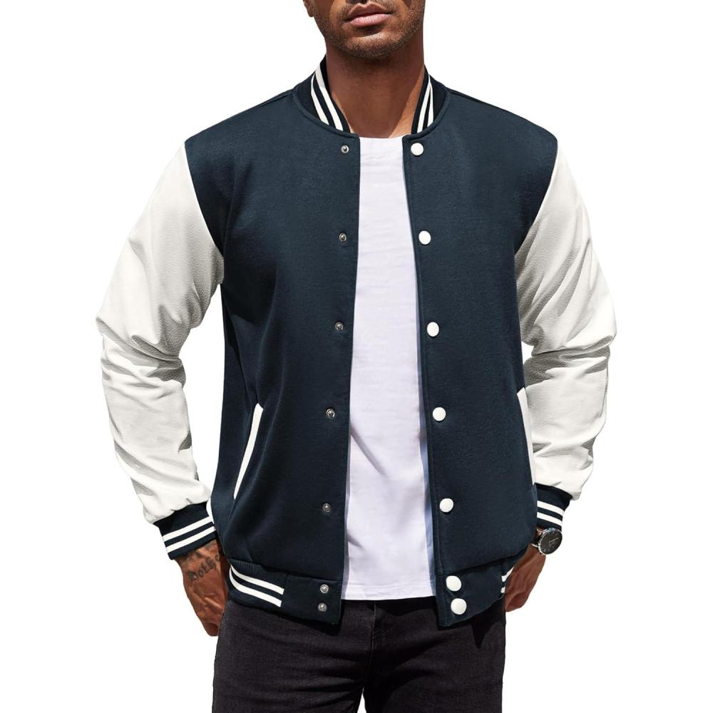 imageCOOFANDY Mens Fashion Varsity Jackets Leather Sleeve Slim Fit College Baseball Letterman Bomber CoatNavywhite Sleeve