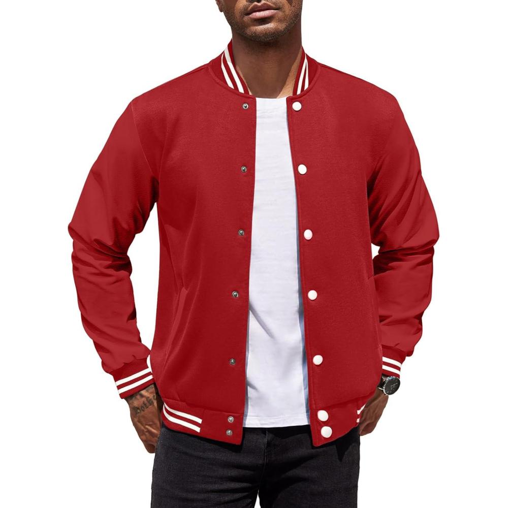 imageCOOFANDY Mens Fashion Varsity Jackets Leather Sleeve Slim Fit College Baseball Letterman Bomber CoatRed