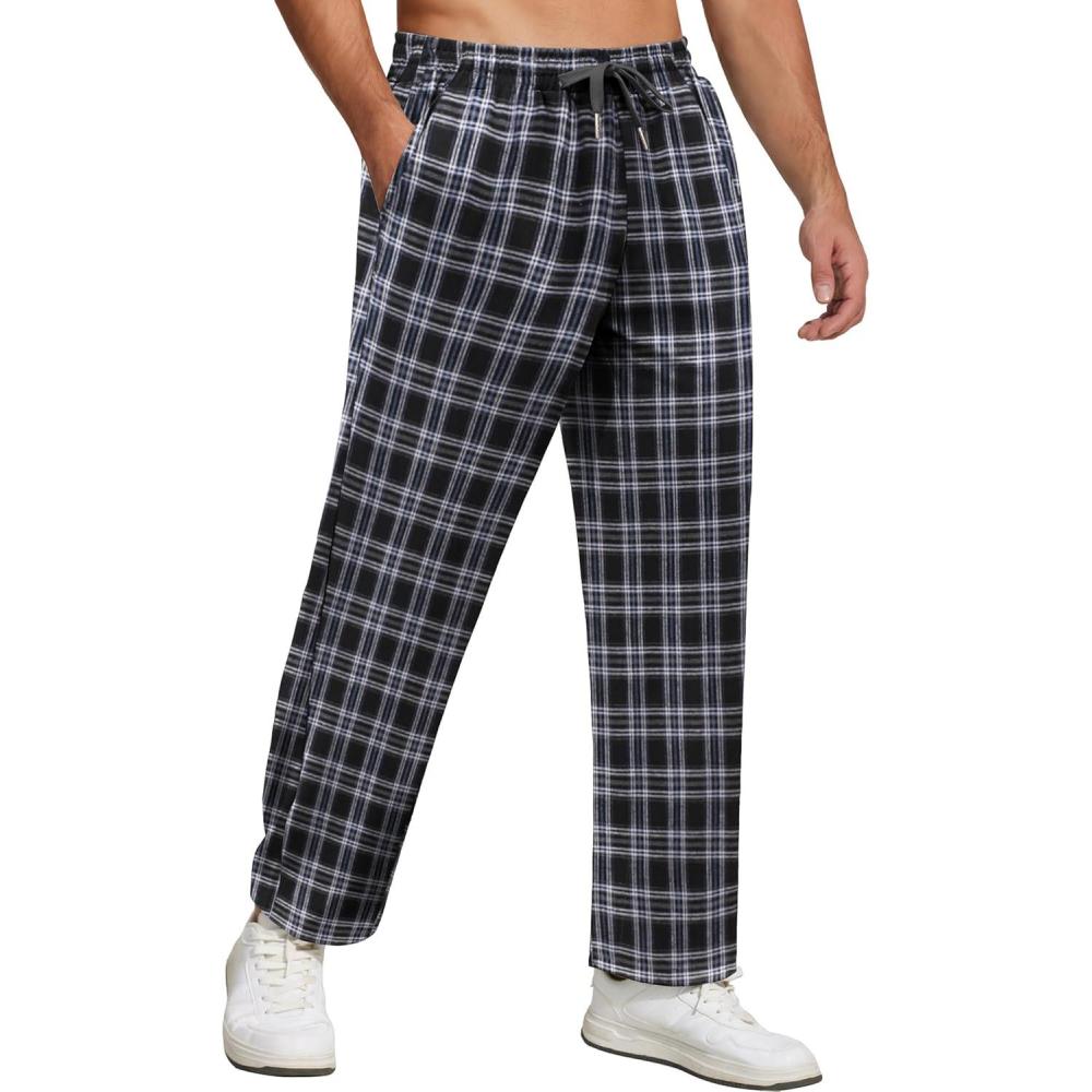 imageCOOFANDY Mens Flannel Plaid Pants Drawstring Cotton Casual Lounge Pants with PocketsBlack White Blue Plaid