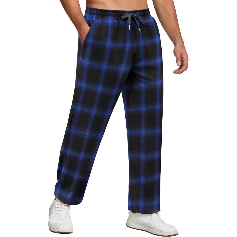 imageCOOFANDY Mens Flannel Plaid Pants Drawstring Cotton Casual Lounge Pants with PocketsBlue Black Plaid