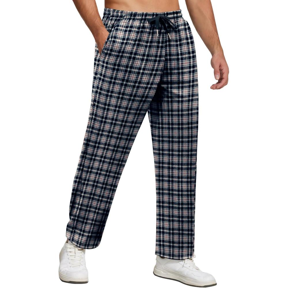 imageCOOFANDY Mens Flannel Plaid Pants Drawstring Cotton Casual Lounge Pants with PocketsNavy Black White Plaid