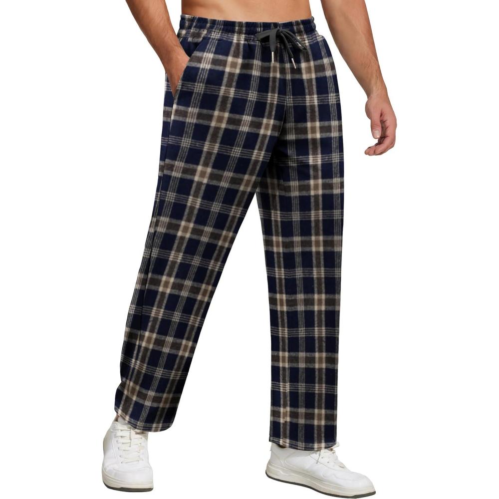 imageCOOFANDY Mens Flannel Plaid Pants Drawstring Cotton Casual Lounge Pants with PocketsNavy Coffee Plaid