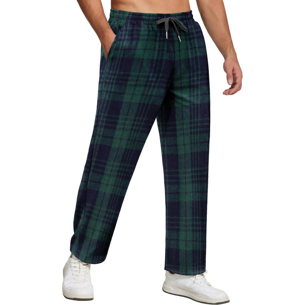 imageCOOFANDY Mens Flannel Plaid Pants Drawstring Cotton Casual Lounge Pants with PocketsNavy Green Plaid