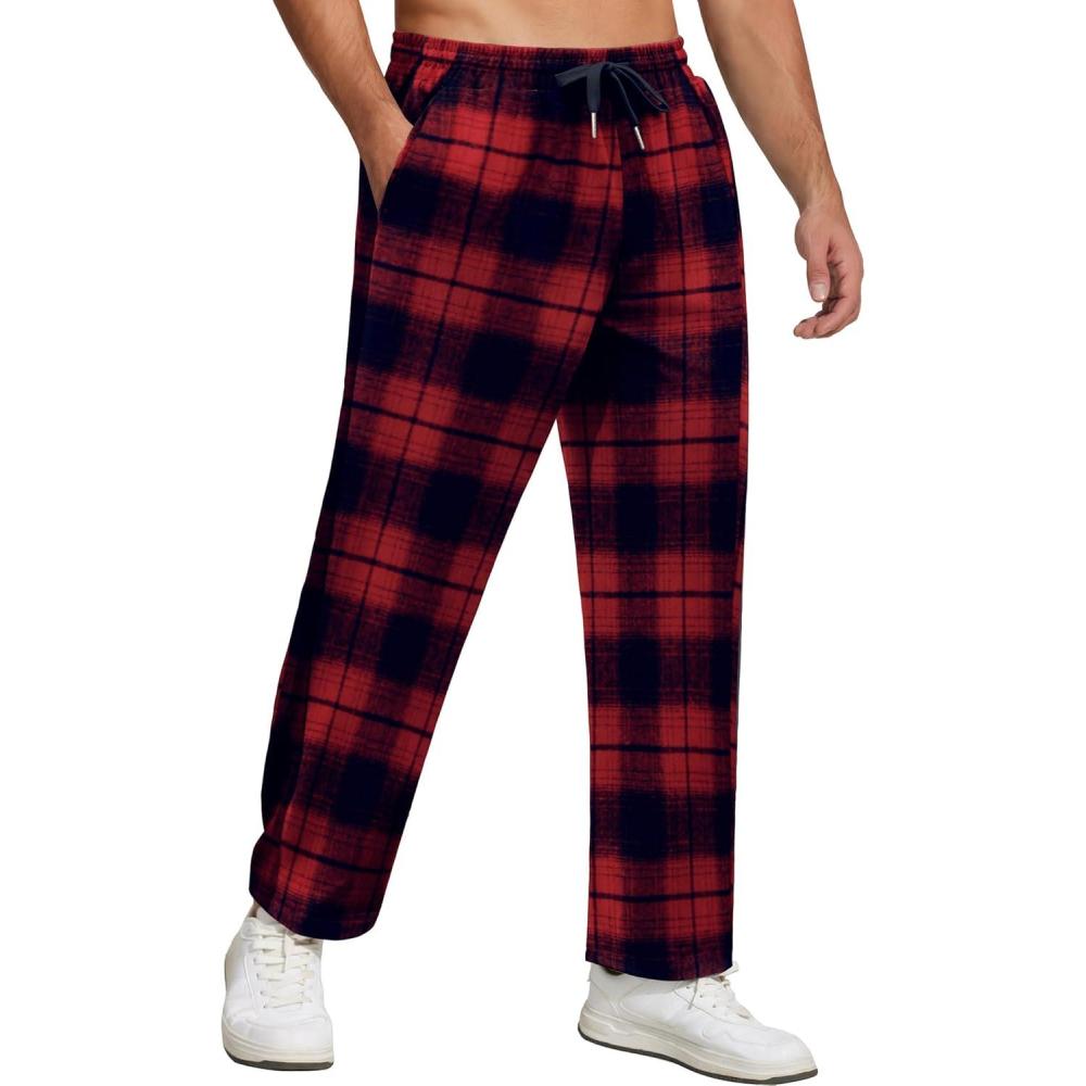 imageCOOFANDY Mens Flannel Plaid Pants Drawstring Cotton Casual Lounge Pants with PocketsNavy Red Plaid