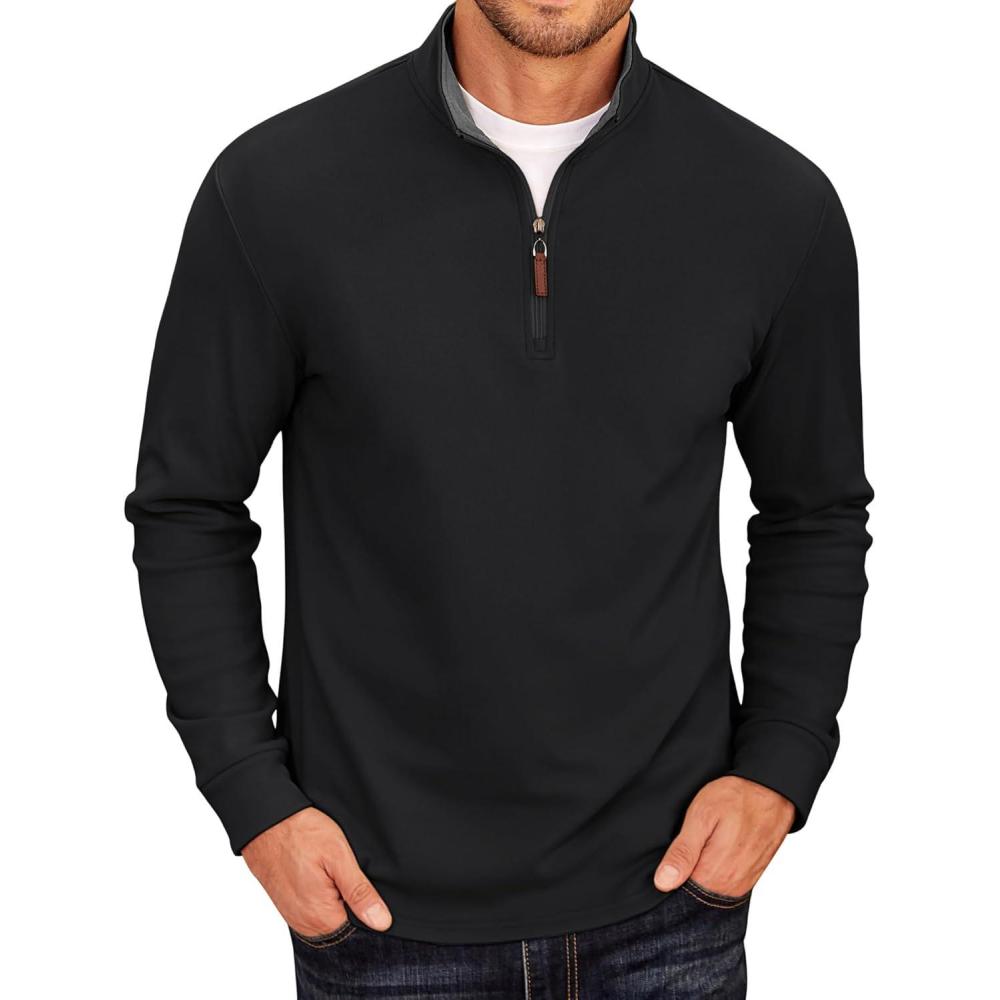 imageCOOFANDY Mens Fleece Quarter Zip Pullover Long Sleeve Mock Neck SweatshirtBlack