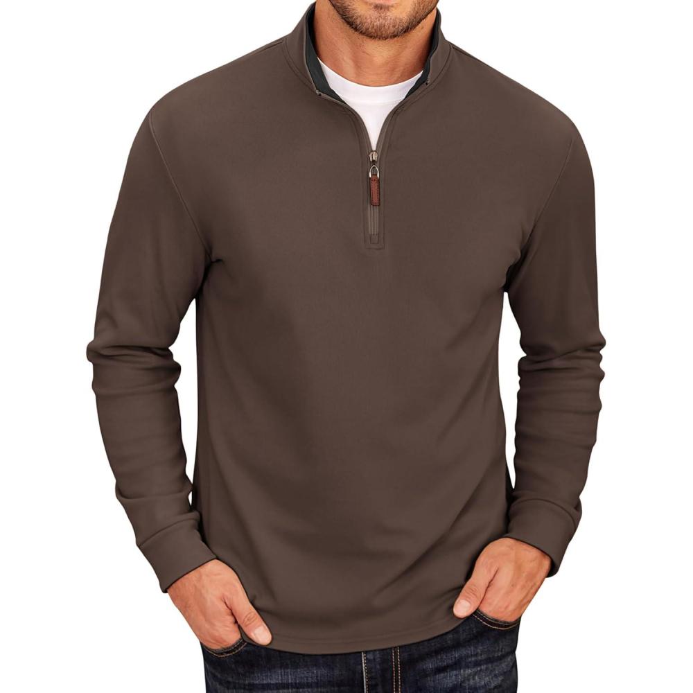 imageCOOFANDY Mens Fleece Quarter Zip Pullover Long Sleeve Mock Neck SweatshirtChestnut Brown