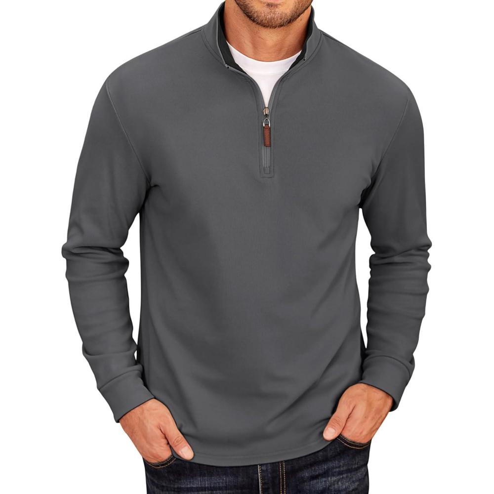 imageCOOFANDY Mens Fleece Quarter Zip Pullover Long Sleeve Mock Neck SweatshirtDark Grey