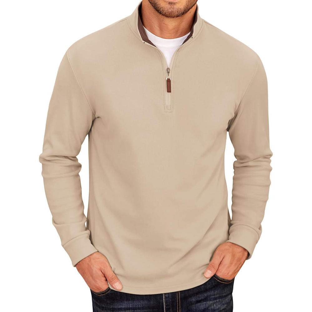 imageCOOFANDY Mens Fleece Quarter Zip Pullover Long Sleeve Mock Neck SweatshirtKhaki