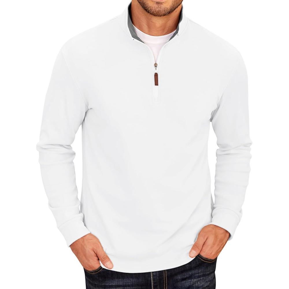 imageCOOFANDY Mens Fleece Quarter Zip Pullover Long Sleeve Mock Neck SweatshirtWhite