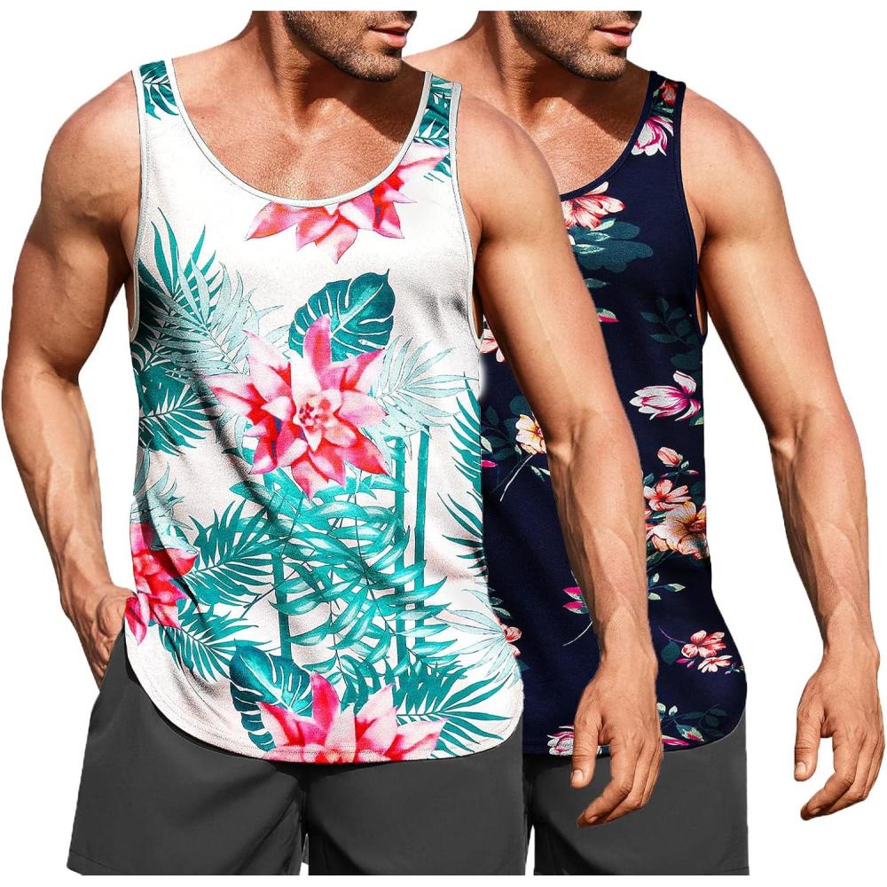 imageCOOFANDY Mens Floral Tank Top Sleeveless Tees All Over Print Casual Sport TShirts Hawaii Beach Vacation2 PackblackbWhite