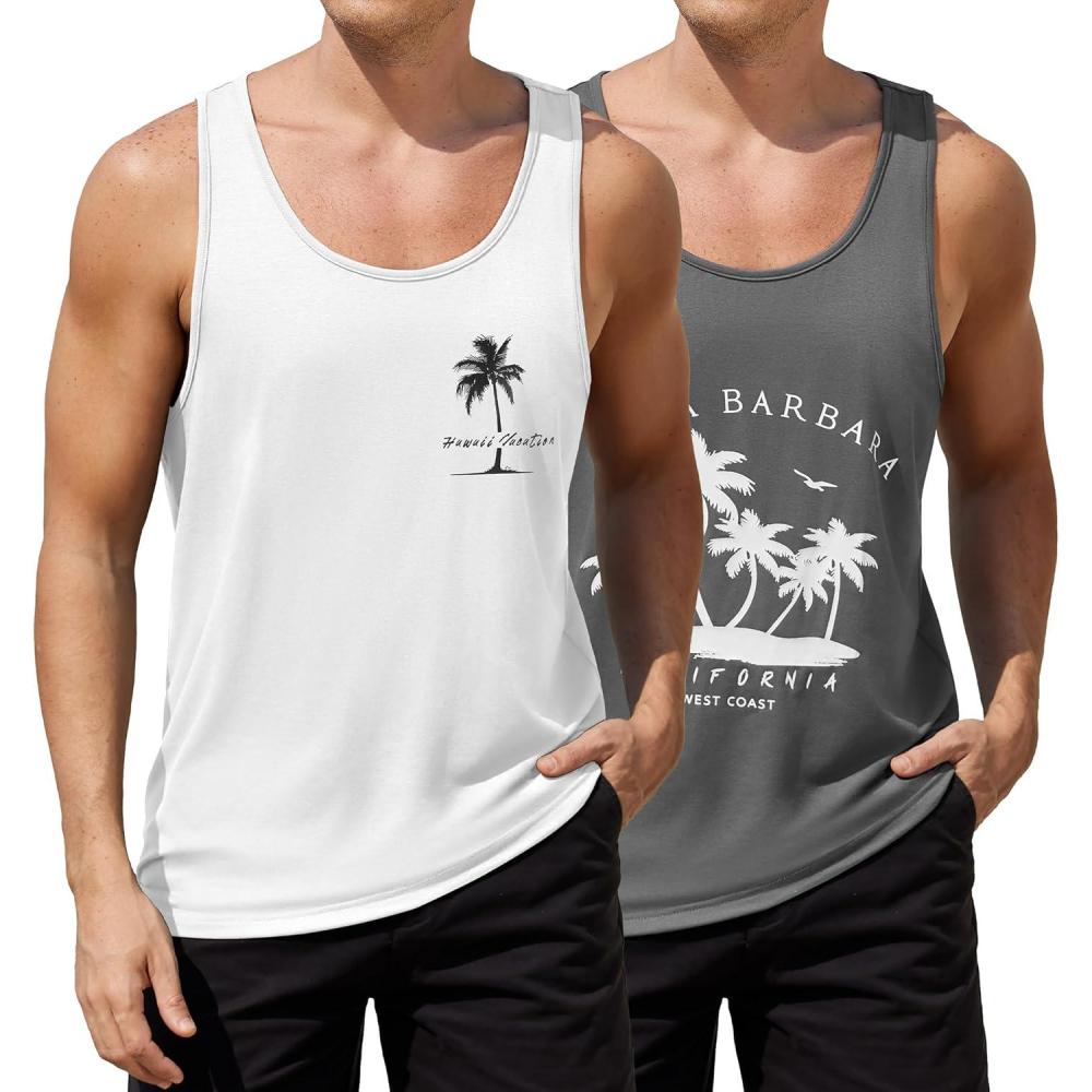 imageCOOFANDY Mens Floral Tank Top Sleeveless Tees All Over Print Casual Sport TShirts Hawaii Beach Vacation2 PackwhiteDark Gray