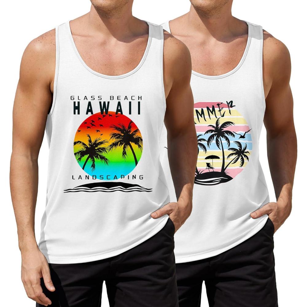 imageCOOFANDY Mens Floral Tank Top Sleeveless Tees All Over Print Casual Sport TShirts Hawaii Beach Vacation2 Packwhitecoconut Tree
