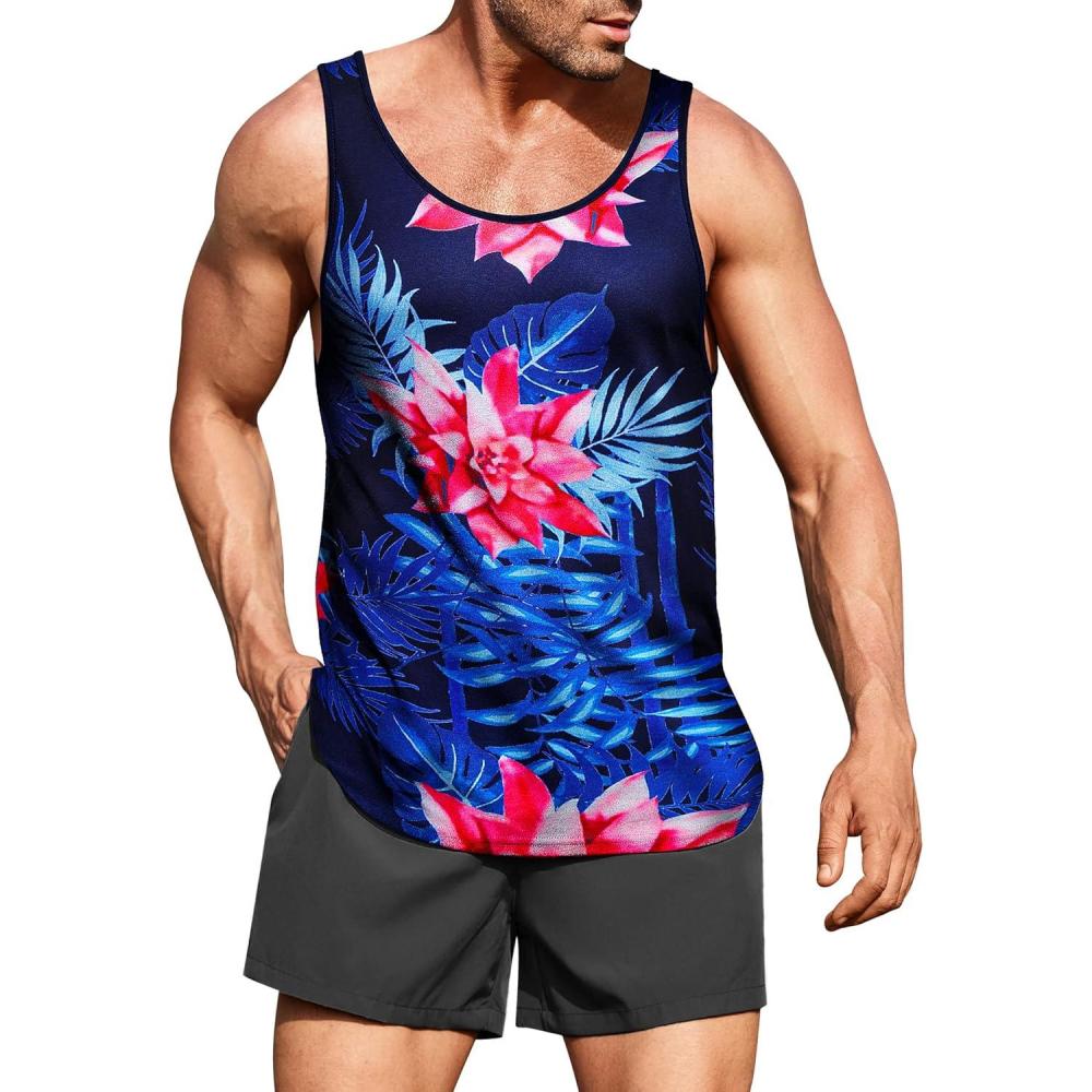 imageCOOFANDY Mens Floral Tank Top Sleeveless Tees All Over Print Casual Sport TShirts Hawaii Beach VacationNavy Blue