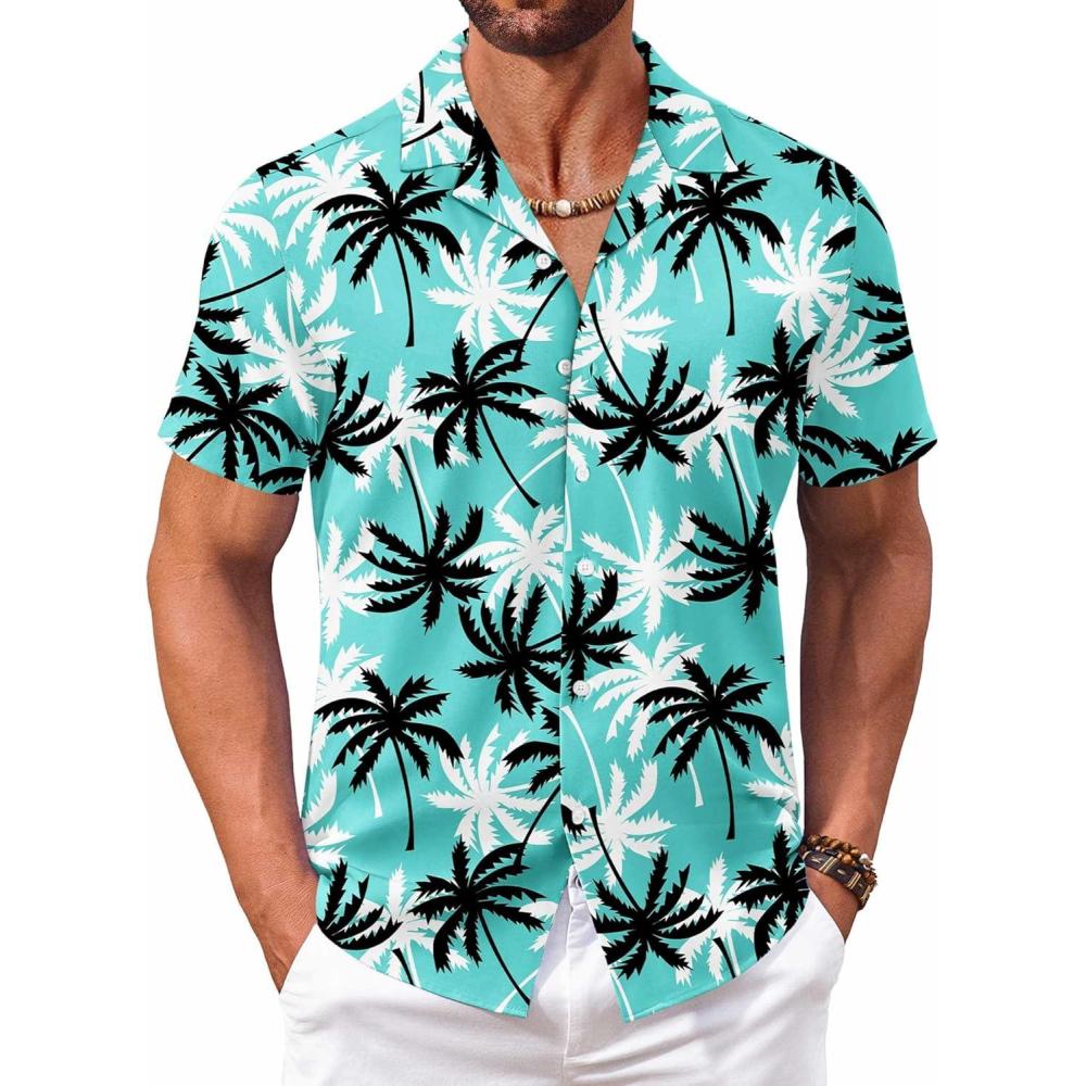 imageCOOFANDY Mens Hawaiian Shirt Short Sleeve Button Down Shirts Tropical Floral Summer Beach ShirtsCoconut Treeblue Green