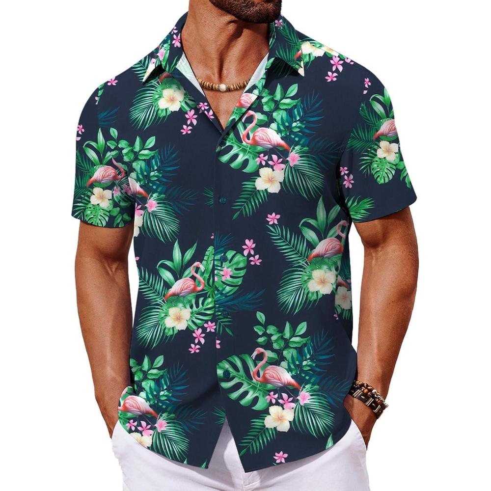 imageCOOFANDY Mens Hawaiian Shirt Short Sleeve Button Down Shirts Tropical Floral Summer Beach ShirtsNavy  Flamingo