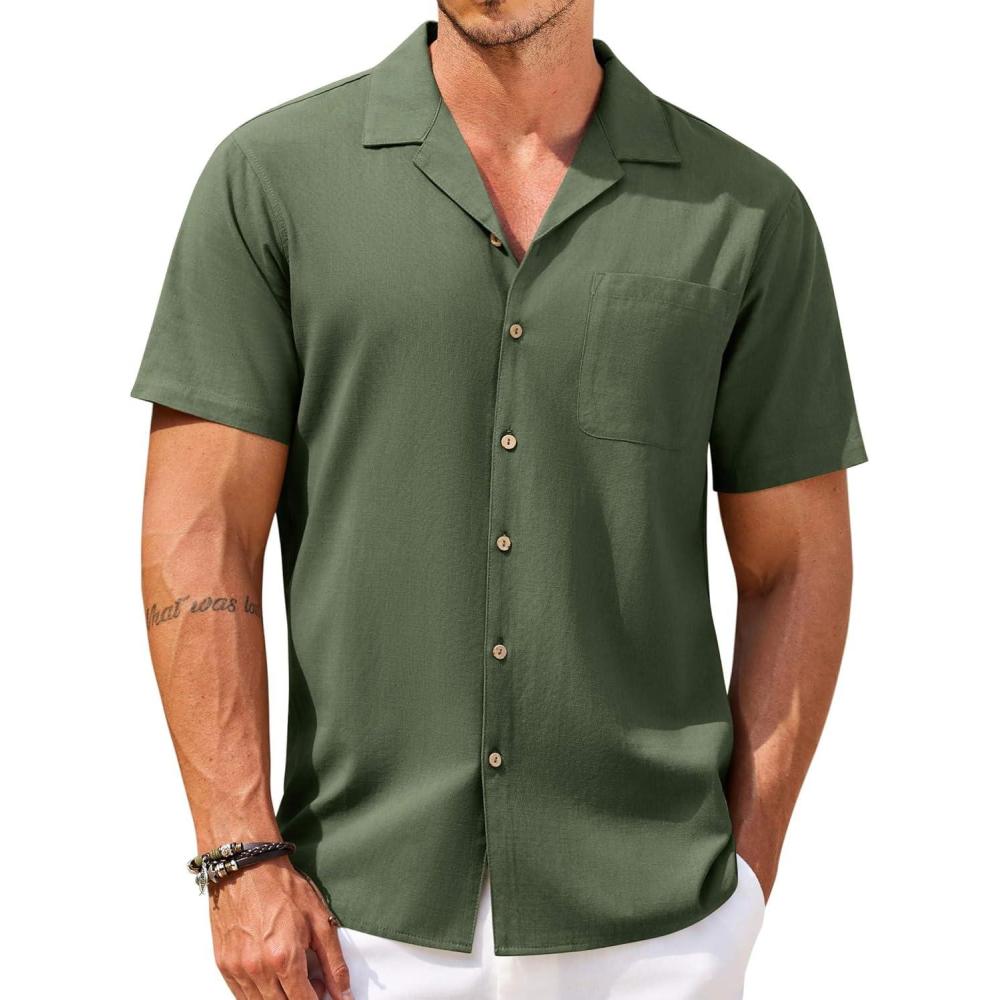 imageCOOFANDY Mens Hawaiian Shirt Short Sleeve Buttoon Down Shirts Casual Tropical Floral Summer Linen ShirtsArmy Green