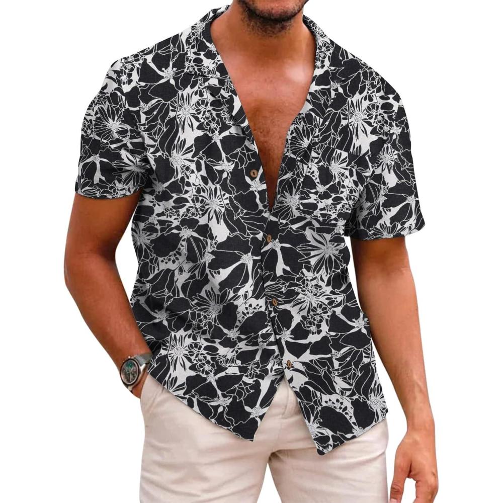 imageCOOFANDY Mens Hawaiian Shirt Short Sleeve Buttoon Down Shirts Casual Tropical Floral Summer Linen ShirtsBlack Floral