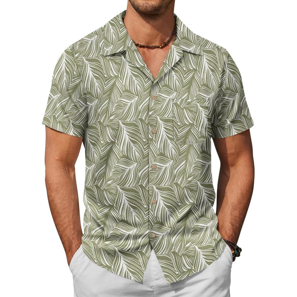 imageCOOFANDY Mens Hawaiian Shirt Short Sleeve Buttoon Down Shirts Casual Tropical Floral Summer Linen ShirtsCeladon Green Leaves
