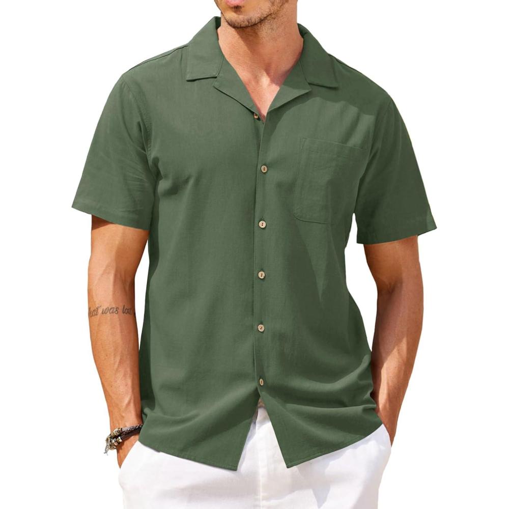 imageCOOFANDY Mens Hawaiian Shirt Short Sleeve Buttoon Down Shirts Casual Tropical Floral Summer Linen ShirtsDark Army Green