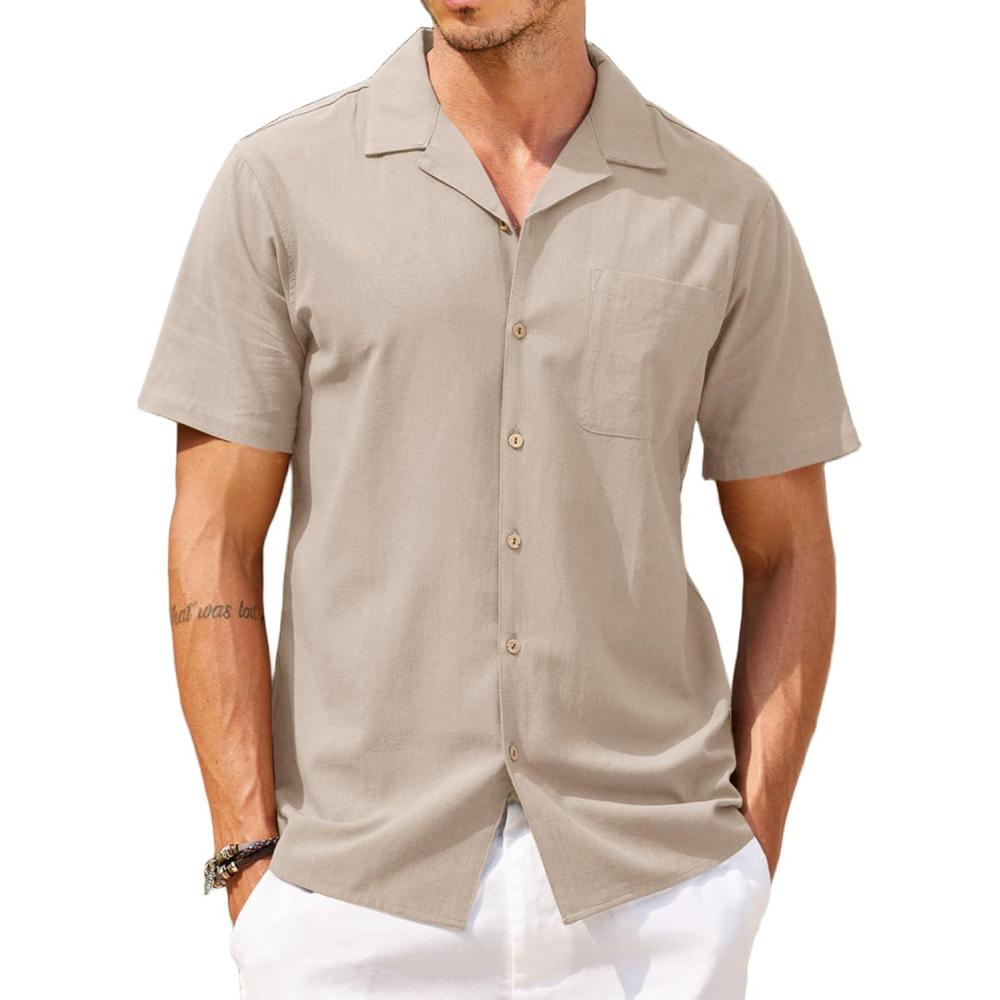 imageCOOFANDY Mens Hawaiian Shirt Short Sleeve Buttoon Down Shirts Casual Tropical Floral Summer Linen ShirtsKhaki