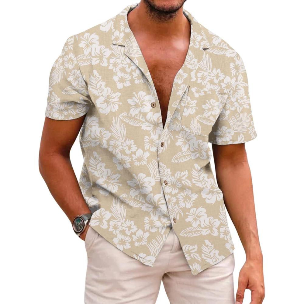 imageCOOFANDY Mens Hawaiian Shirt Short Sleeve Buttoon Down Shirts Casual Tropical Floral Summer Linen ShirtsKhaki Floral