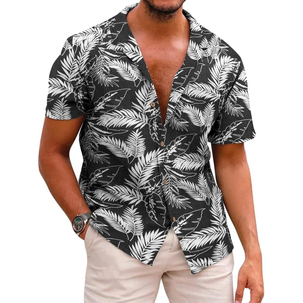 imageCOOFANDY Mens Hawaiian Shirt Short Sleeve Buttoon Down Shirts Casual Tropical Floral Summer Linen ShirtsPalm Leafblack