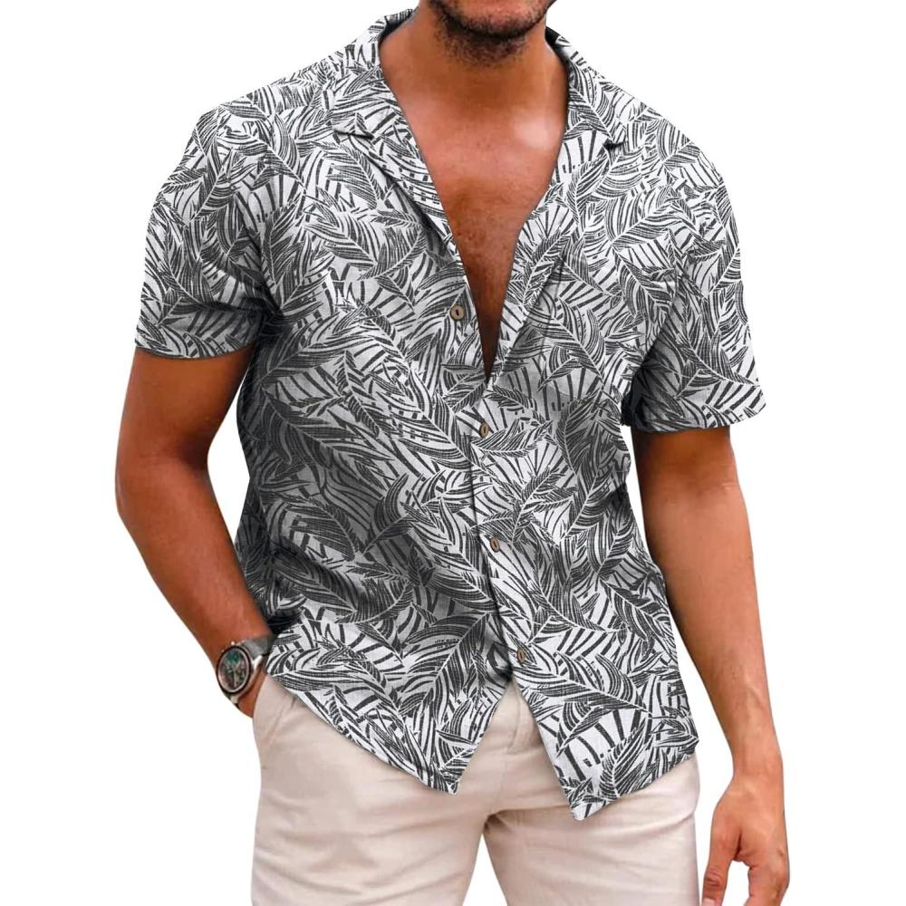 imageCOOFANDY Mens Hawaiian Shirt Short Sleeve Buttoon Down Shirts Casual Tropical Floral Summer Linen ShirtsPalm Leafblackwhite