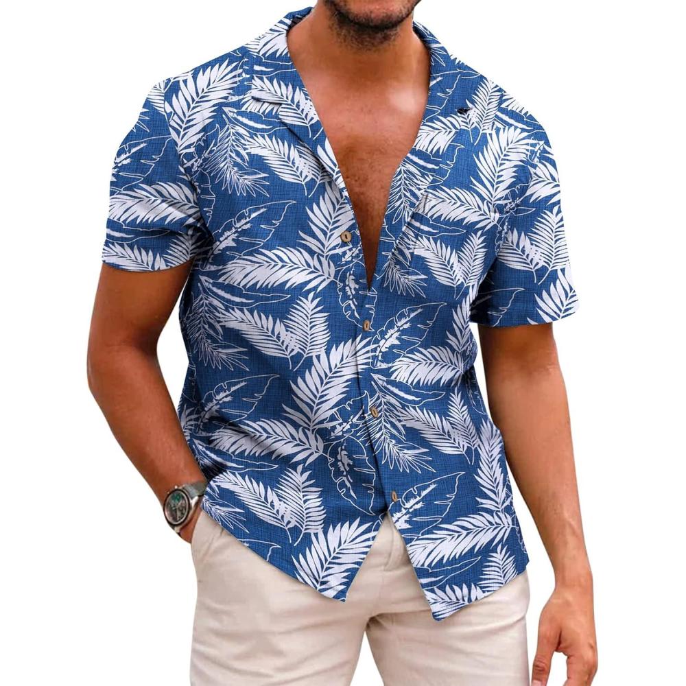 imageCOOFANDY Mens Hawaiian Shirt Short Sleeve Buttoon Down Shirts Casual Tropical Floral Summer Linen ShirtsPalm Leafblue