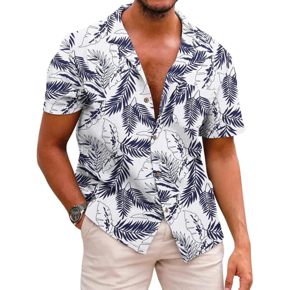 imageCOOFANDY Mens Hawaiian Shirt Short Sleeve Buttoon Down Shirts Casual Tropical Floral Summer Linen ShirtsPalm Leafbluewhite