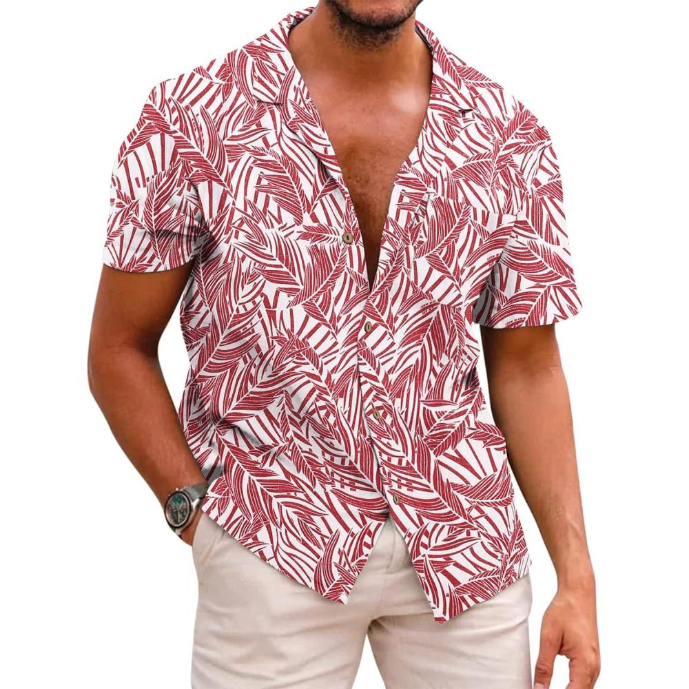 imageCOOFANDY Mens Hawaiian Shirt Short Sleeve Buttoon Down Shirts Casual Tropical Floral Summer Linen ShirtsPalm Leafred