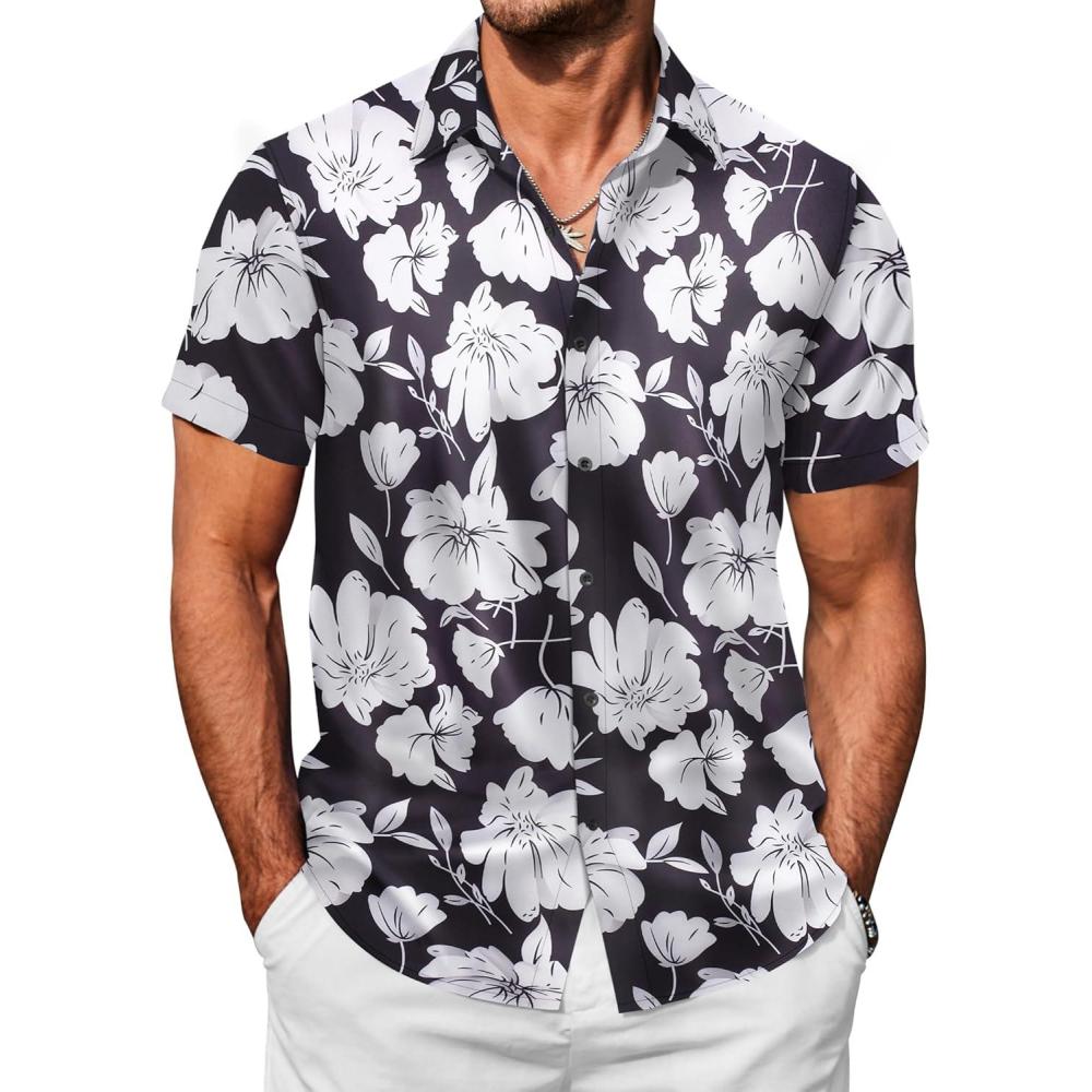 imageCOOFANDY Mens Hawaiian Shirts Short Sleeve Button Down Shirt Casual Summer Beach Shirts Floral Tropical Vacation Resort WearBlack  White