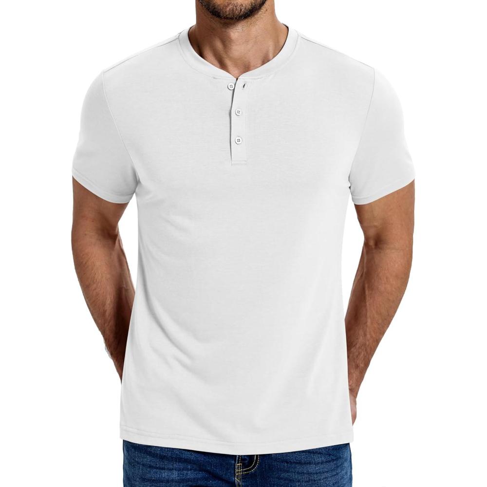 imageCOOFANDY Mens Henley Shirts Cotton Short Sleeve Casual TShirt Button Henley Basic Tee Lightweight Summer TopAll White