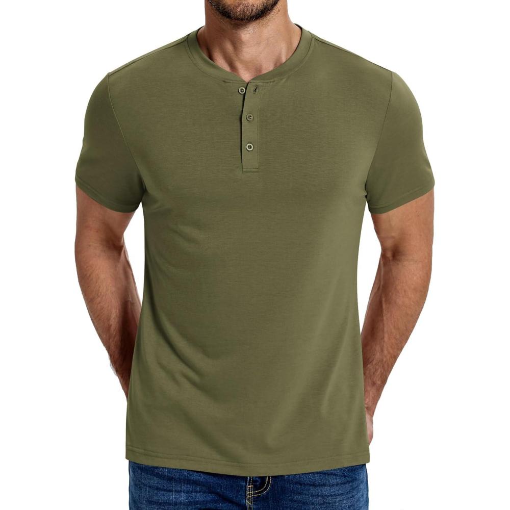 imageCOOFANDY Mens Henley Shirts Cotton Short Sleeve Casual TShirt Button Henley Basic Tee Lightweight Summer TopArmy Green
