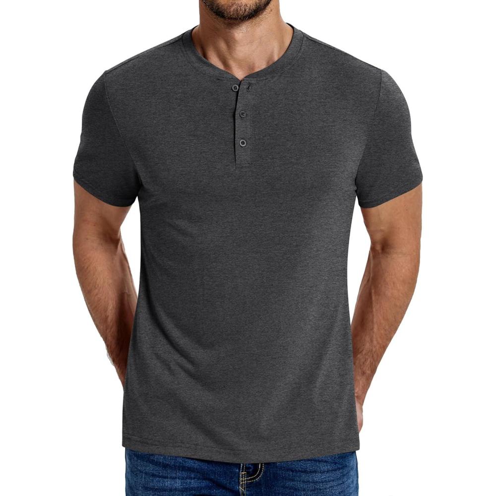 imageCOOFANDY Mens Henley Shirts Cotton Short Sleeve Casual TShirt Button Henley Basic Tee Lightweight Summer TopDark Grey